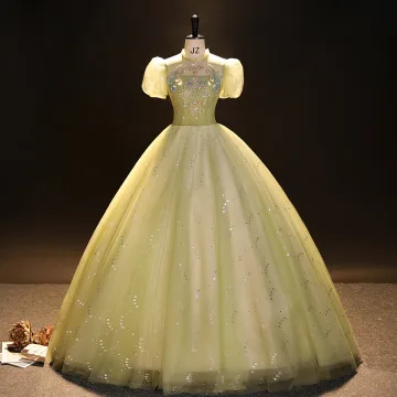 Élégant Vert Cendré Perlage Perle Paillettes Robe De Bal 2023 Robe Boule Col Haut Gonflée Manches Courtes Dos Nu Longue Promo Robe De Ceremonie
