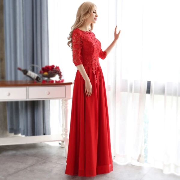 Affordable Pearl Pink Evening Dresses 2018 A-Line / Princess Lace Appliques Crystal Scoop Neck 3/4 Sleeve Floor-Length / Long Formal Dresses