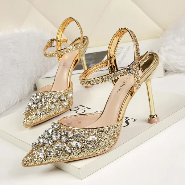 Glittrande Silver Afton Högklackade 2020 Rhinestone Paljetter Ankelband 9 cm Stilettklackar Spetsiga Damskor
