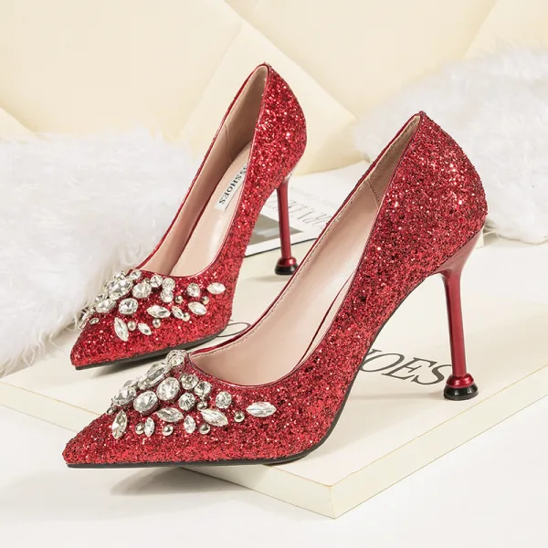 Glitter Goud Avond Pumps 2020 Rhinestone Pailletten 9 cm Naaldhakken / Stiletto Spitse Neus Pumps