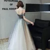 Charming Gradient-Color Grey Prom Dresses 2020 A-Line / Princess Spaghetti Straps Glitter Star Sequins Short Sleeve Backless Floor-Length / Long Formal Dresses
