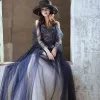 Charming Navy Blue Prom Dresses 2020 A-Line / Princess Spaghetti Straps Glitter Tulle Beading Crystal Long Sleeve Backless Floor-Length / Long Formal Dresses