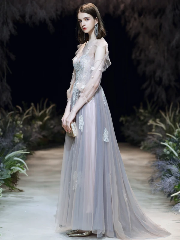 Elegante Azul Cielo Vestidos de noche 2020 A-Line / Princess Scoop Escote Perla Con Encaje Flor Apliques 3/4 Ærmer Sin Espalda Colas De Barrido Vestidos Formales