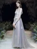 Classy Sky Blue Evening Dresses  2020 A-Line / Princess Scoop Neck Pearl Lace Flower Appliques 3/4 Sleeve Backless Sweep Train Formal Dresses