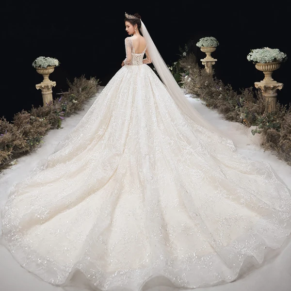 High End Ivory / Creme Brautkleider / Hochzeitskleider 2020 Ballkleid Rundhalsausschnitt Perlenstickerei Kristall Pailletten Spitze Blumen 3/4 Ärmel Rückenfreies Kathedrale Schleppe