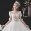 Chic / Belle Blanche Robe De Mariée 2021 Robe Boule Encolure Carrée Perlage Noeud Perle Appliques Paillettes Manches Courtes Dos Nu Cathedral Train Mariage