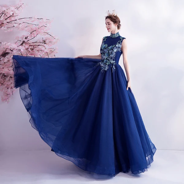 Vintage / Retro Royal Blue Prom Dresses 2020 A-Line / Princess High Neck Sequins Rhinestone Lace Flower Sleeveless Backless Floor-Length / Long Formal Dresses