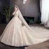 Elegant High-end Champagne Wedding Dresses 2020 Ball Gown High Neck Beading Sequins Appliques 3/4 Sleeve Backless Royal Train