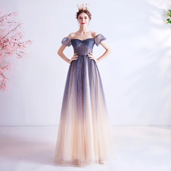 Charming Navy Blue Gradient-Color Prom Dresses 2020 A-Line / Princess Off-The-Shoulder Crystal Glitter Tulle Short Sleeve Backless Formal Dresses