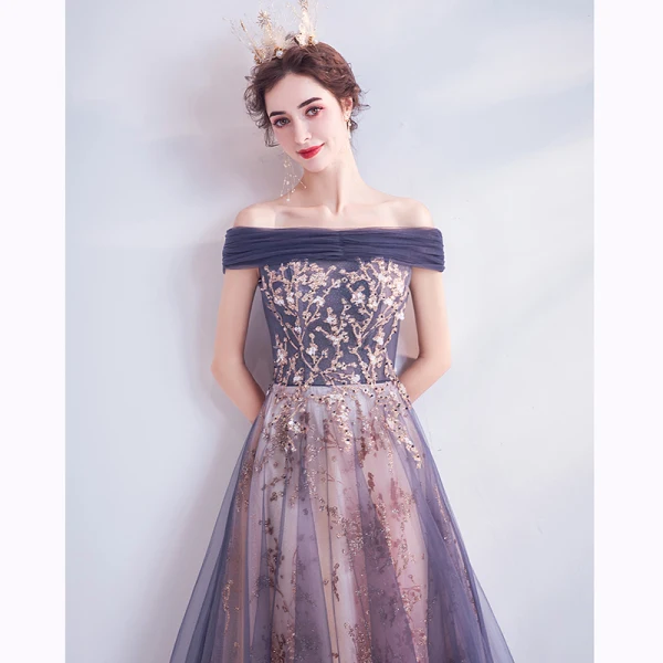 Edles Marineblau Ballkleider 2020 A Linie Off Shoulder Glanz Perlenstickerei Strass Pailletten Applikationen Ärmellos Rückenfreies Lange Festliche Kleider