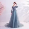 Classy Pool Blue Prom Dresses 2020 A-Line / Princess Spaghetti Straps Sequins Lace Flower Long Sleeve Backless Court Train Formal Dresses