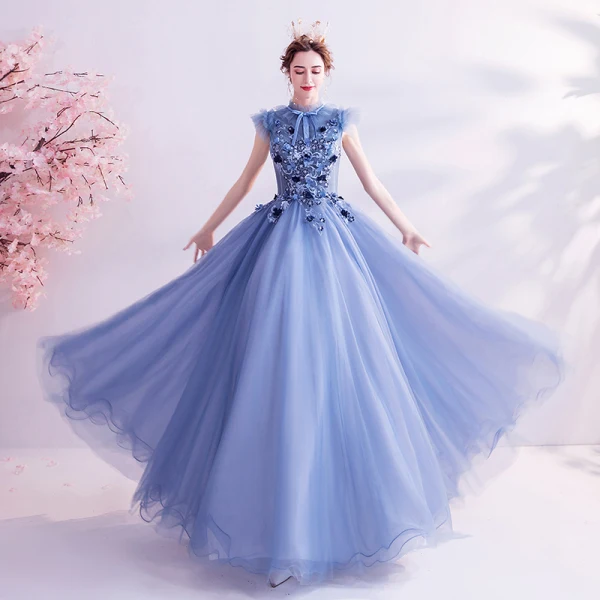 Vintage / Retro Ocean Blue Prom Dresses 2020 A-Line / Princess High Neck Bow Lace Flower Appliques Sleeveless Backless Floor-Length / Long Formal Dresses