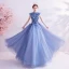 Vintage / Retro Ocean Blue Prom Dresses 2020 A-Line / Princess High Neck Bow Lace Flower Appliques Sleeveless Backless Floor-Length / Long Formal Dresses