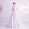 Elegant Ivory Prom Dresses 2020 A-Line / Princess Scoop Neck 3D Lace Beading Rhinestone Sequins 3/4 Sleeve Court Train Formal Dresses