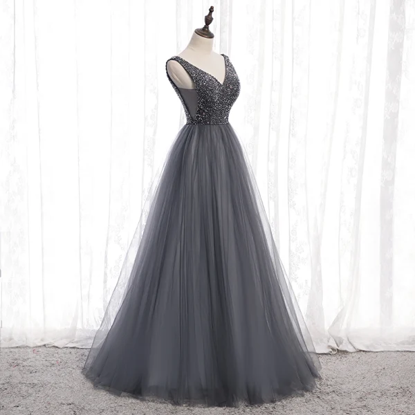 Chic / Beautiful Grey Prom Dresses 2020 A-Line / Princess V-Neck Beading Crystal Sleeveless Backless Floor-Length / Long Formal Dresses