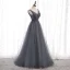 Chic / Beautiful Grey Prom Dresses 2020 A-Line / Princess V-Neck Beading Crystal Sleeveless Backless Floor-Length / Long Formal Dresses