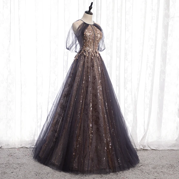 Charming Black Gold Glitter Prom Dresses 2020 A-Line / Princess Scoop Neck Beading Crystal Sequins Sleeveless Backless Floor-Length / Long Formal Dresses