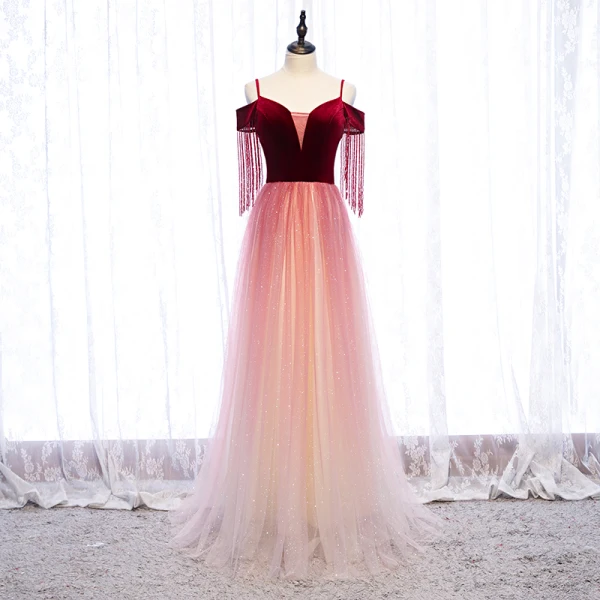 Charmant Bleu Marine Dégradé De Couleur Glitter Robe De Soirée 2020 Princesse Daim Bretelles Spaghetti Perlage Gland Manches Courtes Dos Nu Longue Robe De Ceremonie