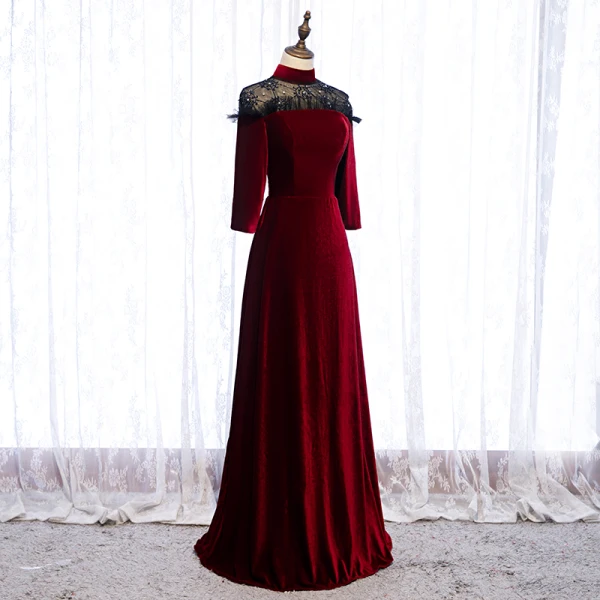 Elegant Burgundy Evening Dresses 2020 A-Line / Princess Suede High Neck Beading Rhinestone 3/4 Sleeve Floor-Length / Long Formal Dresses