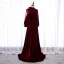 Élégant Bordeaux Robe De Soirée 2020 Princesse Daim Col Haut Manches Longues Dos Nu Noeud Train De Balayage Robe De Ceremonie