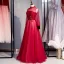 Élégant Bordeaux Robe De Bal 2020 Princesse Col Haut Perlage Paillettes En Dentelle Fleur Manches Longues Dos Nu Longue Robe De Ceremonie