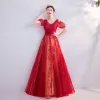 Fairytale Red Prom Dresses 2020 A-Line / Princess V-Neck Beading Crystal Sequins Bow Short Sleeve Backless Floor-Length / Long Formal Dresses