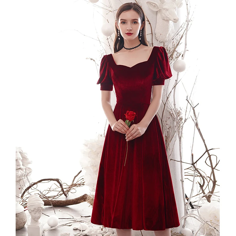 Modest Simple Black Homecoming Graduation Dresses 2020 A Line Princess  Square Neckline Short Sleeve Backless Tea Length Formal Dresses