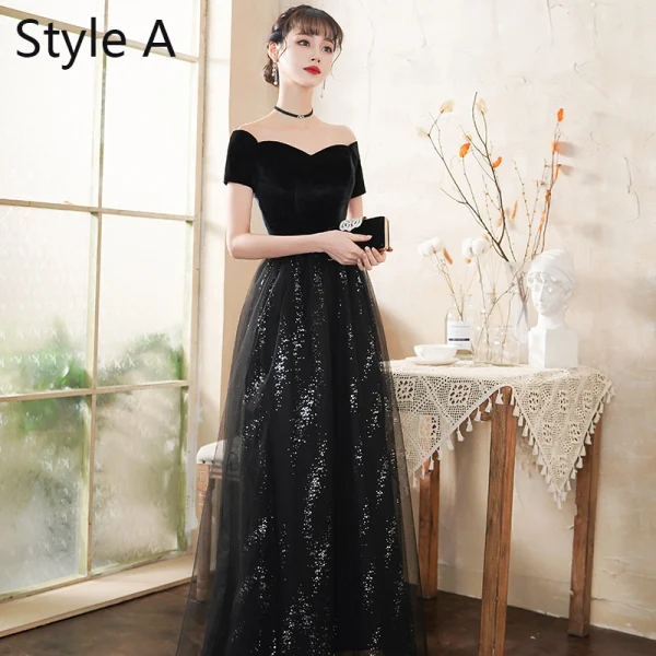 Abordable Noire Robe De Soirée 2020 Princesse Daim Ceinture Paillettes Manches Courtes Dos Nu Longue Robe De Ceremonie