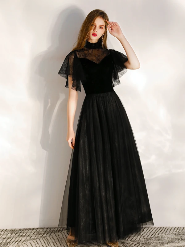 Chic / Beautiful Black Evening Dresses  2020 A-Line / Princess Suede High Neck Short Sleeve Floor-Length / Long Formal Dresses