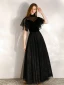 Chic / Beautiful Black Evening Dresses  2020 A-Line / Princess Suede High Neck Short Sleeve Floor-Length / Long Formal Dresses