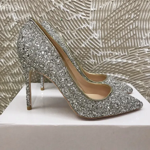 Sparkly Sølv Aften Pumps 2020 Paljetter 12 cm Stiletthæler Spisse Pumps