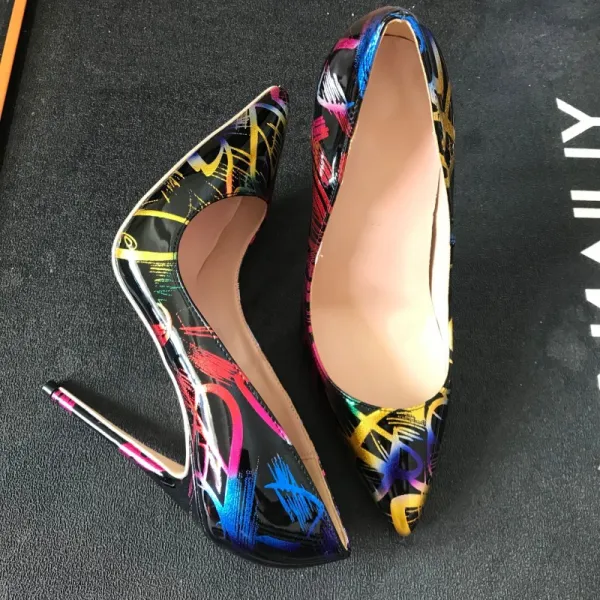 Amazing / Unique Black Doodle Rave Club Pumps 2020 Patent Leather 12 cm Stiletto Heels Pointed Toe Pumps