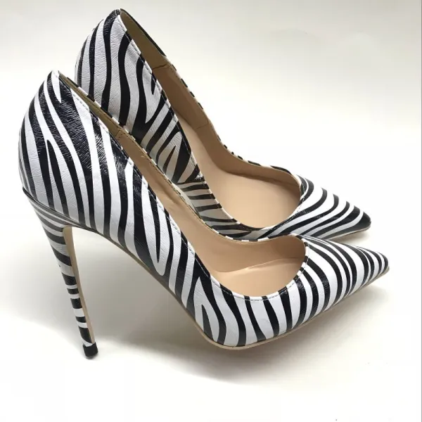 Mode Schwarz Weiß Freizeit Zebramuster Pumps 2020 12 cm Stilettos Spitzschuh Pumps