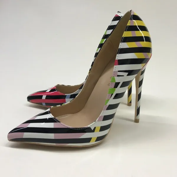 Mode Schwarz Weiß Gestreift Freizeit Pumps 2020 Lackleder 12 cm Stilettos Spitzschuh Pumps