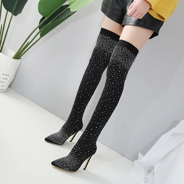 Charming Black Street Wear Womens Boots 2020 Rhinestone 12 cm Stiletto Heels Pointed Toe Boots