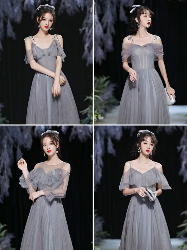 Modest / Simple Grey Bridesmaid Dresses 2021 A-Line / Princess Glitter Spaghetti Straps Short Sleeve Backless Floor-Length / Long Bridesmaid Wedding Party Dresses
