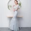 Chic / Beautiful Grey Evening Dresses  2018 Ball Gown Beading Lace Flower V-Neck Short Sleeve Floor-Length / Long Formal Dresses