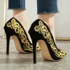 Chic / Beautiful Black Gold Evening Party Lace Pumps 2020 11 cm Stiletto Heels Pointed Toe Pumps