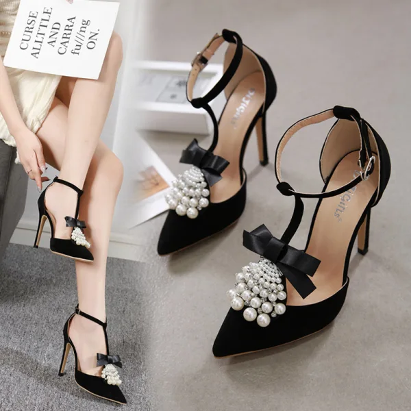 Mode Schwarz Abend Damenschuhe 2020 Perle Schleife 12 cm Stilettos Spitzschuh Hochhackige