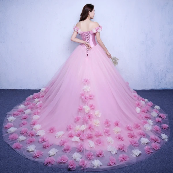 Élégant Rose Bonbon Robe De Mariée 2018 Robe Boule Appliques De l'épaule Dos Nu Manches Courtes Chapel Train Mariage