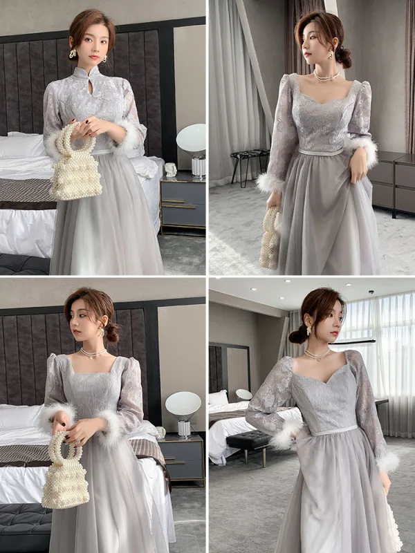 Simple Gris Robe Demoiselle D'honneur Bretelles croisées 2021 Princesse Encolure Carrée En Dentelle Fleur Ceinture 3/4 Manches Dos Nu Longue Demoiselle D'honneur Robe Pour Mariage