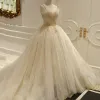 Luxury / Gorgeous Champagne Wedding Dresses 2018 Backless Ball Gown Beading Sequins Spaghetti Straps Sleeveless Royal Train Wedding