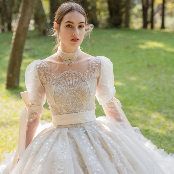 Luxury / Gorgeous Vintage / Retro Medieval Handmade  Beading Ivory Wedding Dresses 2021 Ball Gown Scoop Neck Long Sleeve Sash Bow Lace Flower Pearl Rhinestone Royal Train Wedding