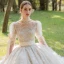 Luxury / Gorgeous Vintage / Retro Medieval Handmade  Beading Ivory Wedding Dresses 2021 Ball Gown Scoop Neck Long Sleeve Sash Bow Lace Flower Pearl Rhinestone Royal Train Wedding