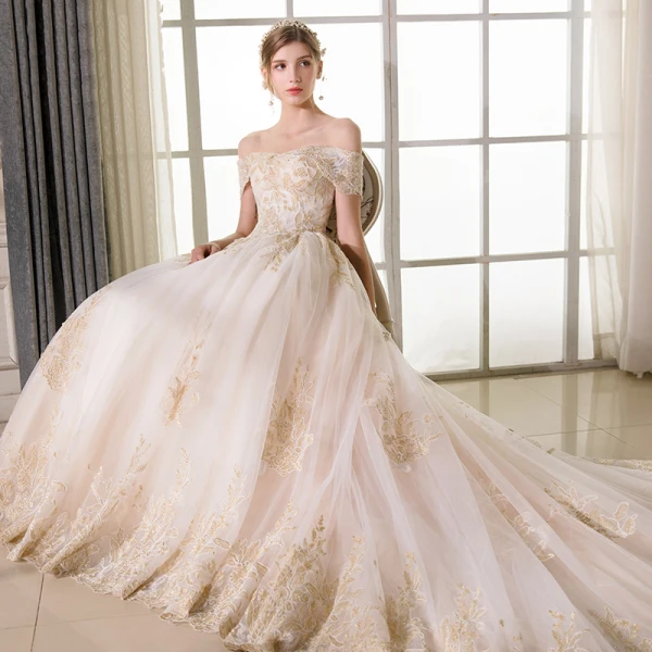 Elegant Champagne Wedding Dresses 2018 A-Line / Princess Lace Embroidered Beading Off-The-Shoulder Backless Short Sleeve Royal Train Wedding