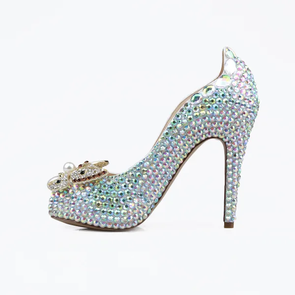 Błyszczące Multi-Kolory Rhinestone Buty Ślubne 2020 Skórzany Perła 12 cm Szpilki Peep Toe Ślub Czółenka
