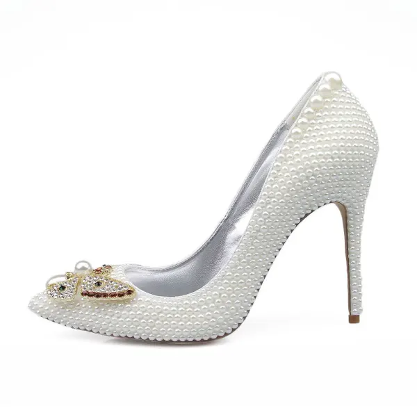 Mode Ivoire Perle Chaussure De Mariée 2020 Cuir Faux Diamant Papillon 10 cm Talons Aiguilles À Bout Pointu Mariage Escarpins
