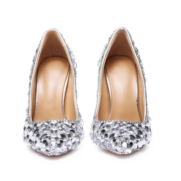 Uroczy Srebrny Buty Ślubne 2020 Skórzany Rhinestone 12 cm Szpilki Szpiczaste Ślub Czółenka