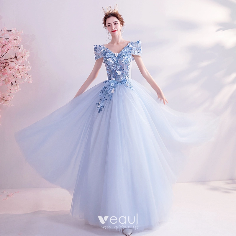 Fairytale Sky Blue Prom Dresses 2020 A Line Princess V Neck Appliques Pearl  Lace Flower Short Sleeve Backless Floor Length Long Formal Dresses