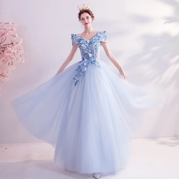 Fairytale Sky Blue Prom Dresses 2020 A-Line / Princess V-Neck Appliques Pearl Lace Flower Short Sleeve Backless Floor-Length / Long Formal Dresses
